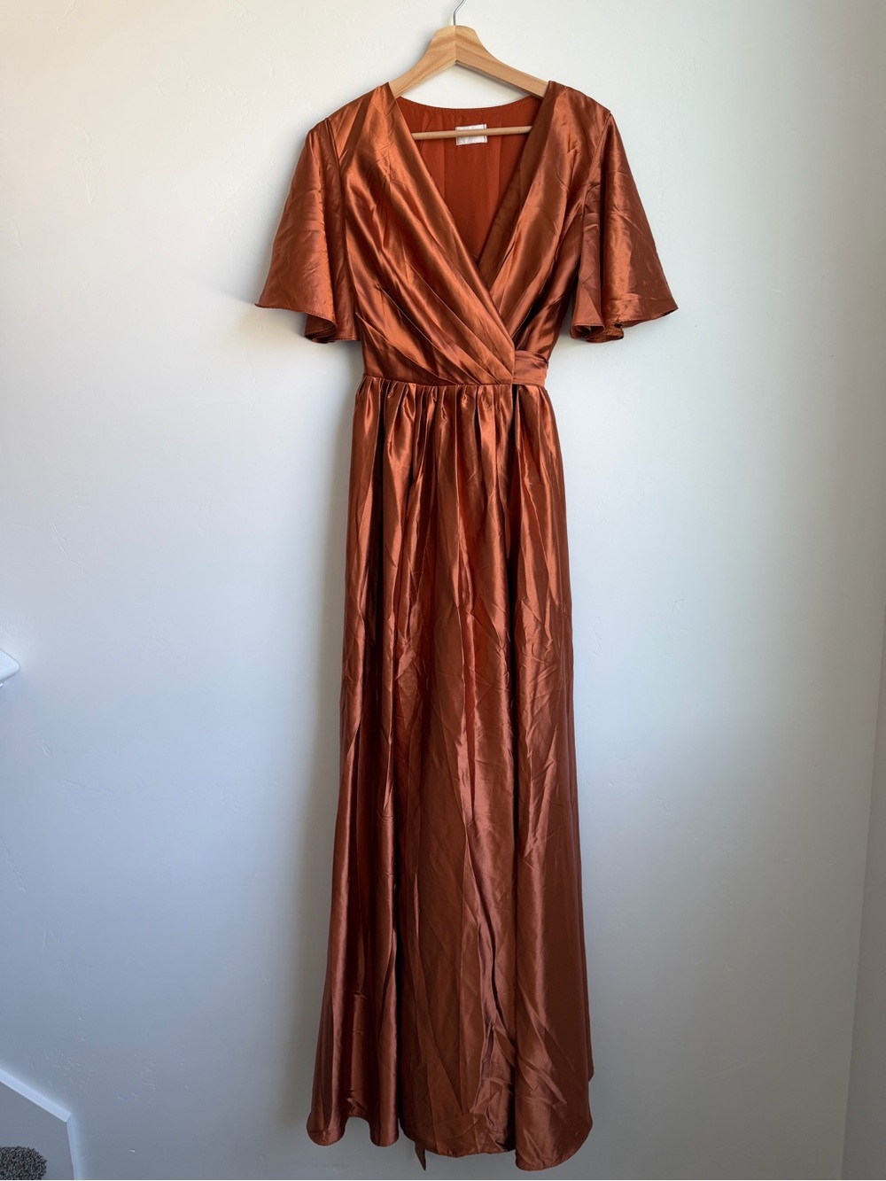 NWT Satin Copper Wrap Maxi Dress with Flutter Sleeves - Women